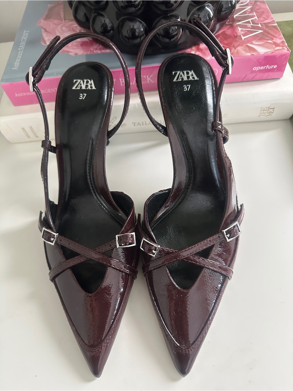 Zara Patent Pointed Slingback Heels in Deep Burgundy